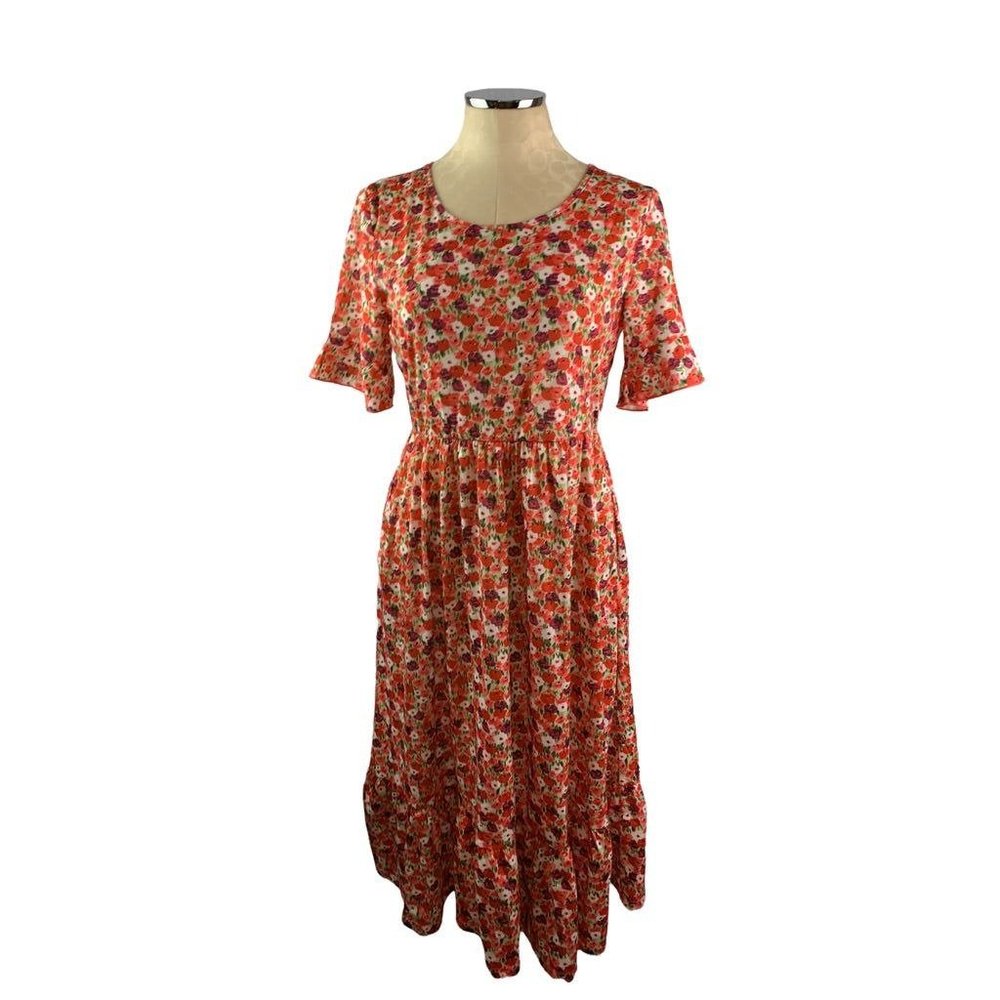 Medium Women's Floral Coral Print Tshirt Dress Midi Length Ruffle Hem‎